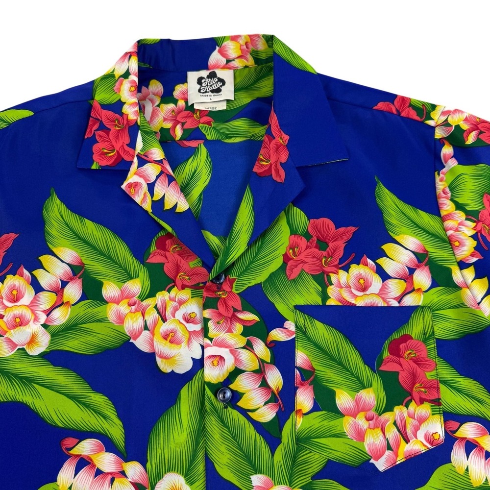 Vintage Hilo Hattie Shirt Mens Large Blue Floral Hawaiian Tropical Camp USA Made